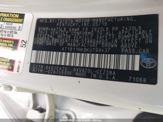 4T1B11HK8KU799437 Toyota CAMRY SE