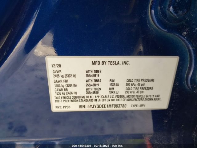 5YJYGDEE1MF083780 Tesla Model Y Long Range Dual Motor All-wheel Drive