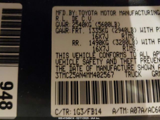 3TMCZ5AN4MM402567 Toyota Tacoma Sr V6