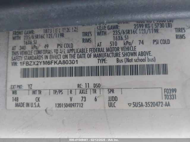 1FBZX2YM6FKA80301 Ford Transit-350 Xlt