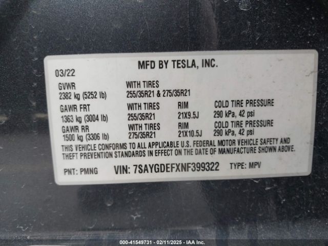 7SAYGDEFXNF399322 Tesla Model Y Performance Dual Motor All-wheel Drive