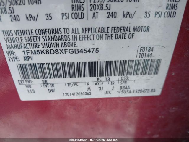 1FM5K8D8XFGB45475 Ford EXPLORER XLT