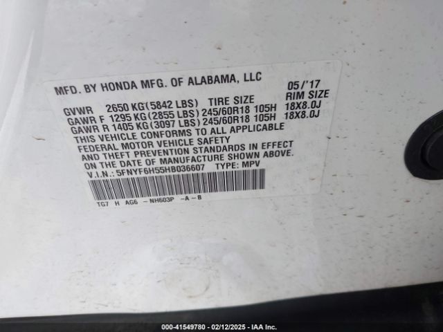 5FNYF6H55HB036607 Honda Pilot Ex-l