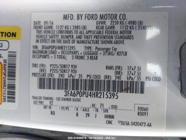 3FA6P0PU4HR215395 Ford Fusion Energi Se Luxury