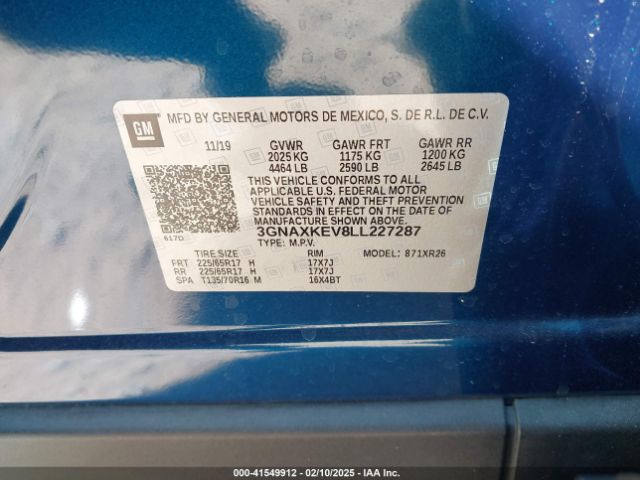 3GNAXKEV8LL227287 Chevrolet Equinox Fwd Lt 1.5l Turbo