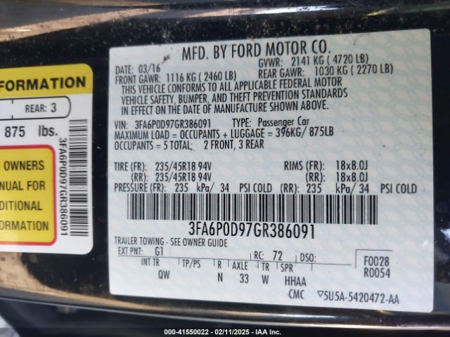 3FA6P0D97GR386091 Ford Fusion Titanium
