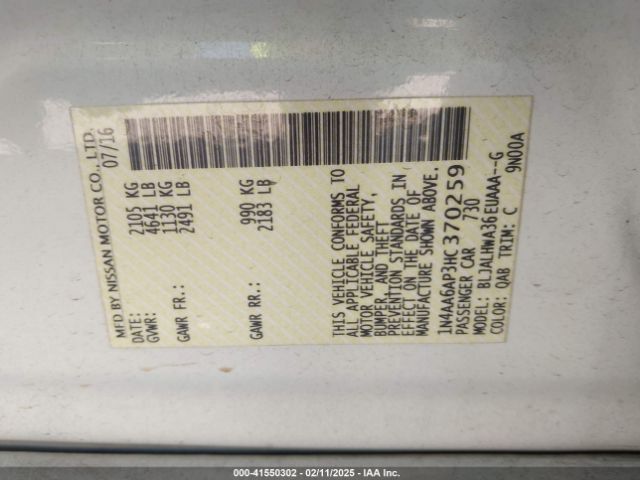 1N4AA6AP3HC370259 Nissan Maxima 3.5 Platinum