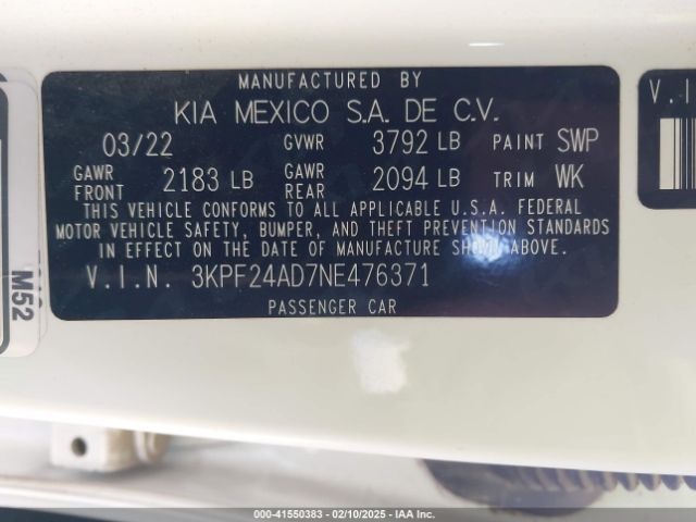 3KPF24AD7NE476371 KIA Forte Lxs