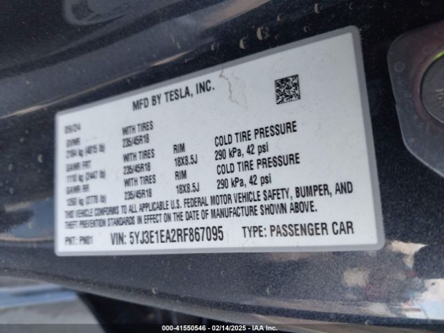 5YJ3E1EA2RF867095 Tesla Model 3 Long Range Dual Motor All-wheel Drive/rear-wheel Drive