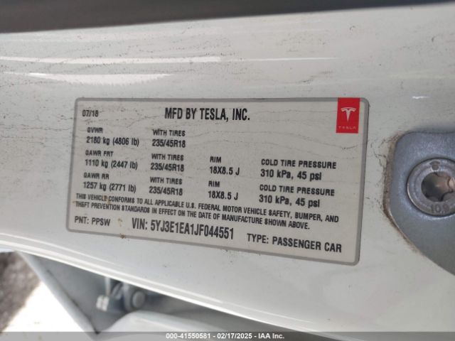 5YJ3E1EA1JF044551 Tesla Model 3 Long Range/mid Range