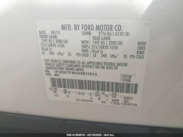 Ford Explorer Limited 2016 1FM5K7F89GGB17613 Image 9