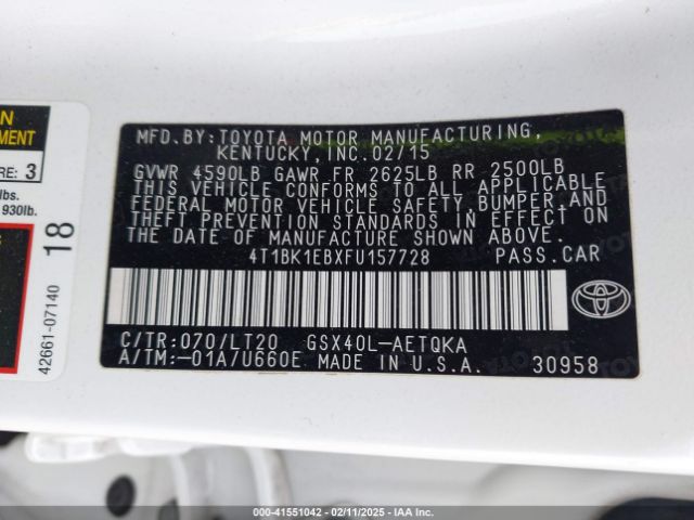 4T1BK1EBXFU157728 Toyota Avalon Xle Touring
