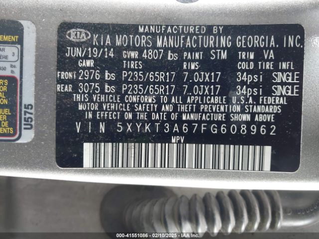 5XYKT3A67FG608962 KIA SORENTO LX