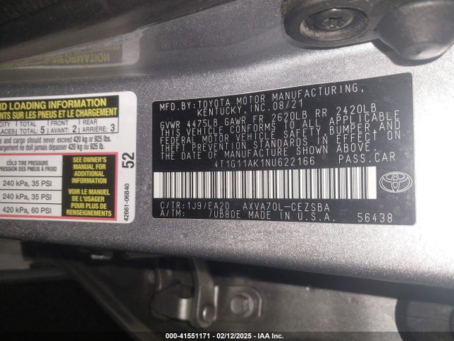 4T1G11AK1NU622166 Toyota CAMRY SE