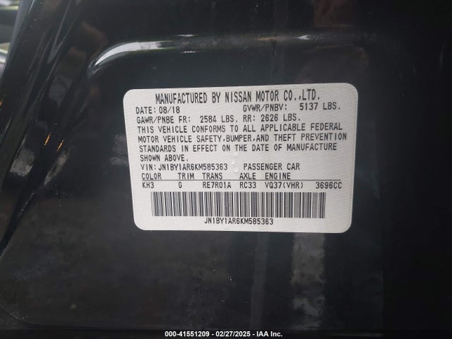 Aukcja sprzedaży 2019 Infiniti Q70 3.7x Luxe, vin: JN1BY1AR6KM585363, numer aukcji: 41551209