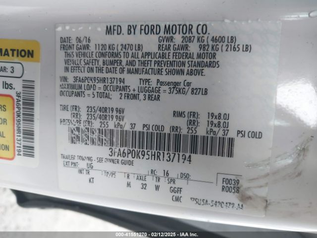 3FA6P0K95HR137194 Ford Fusion Titanium
