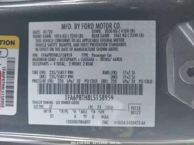 1FA6P8TH8L5158959 Ford Mustang Ecoboost Fastback