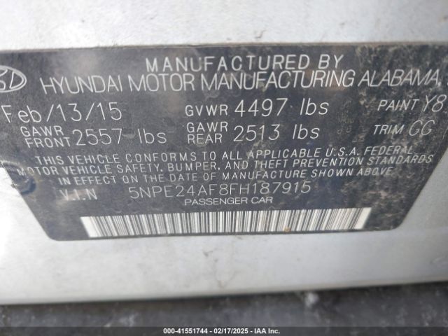 5NPE24AF8FH187915 Hyundai SONATA SE