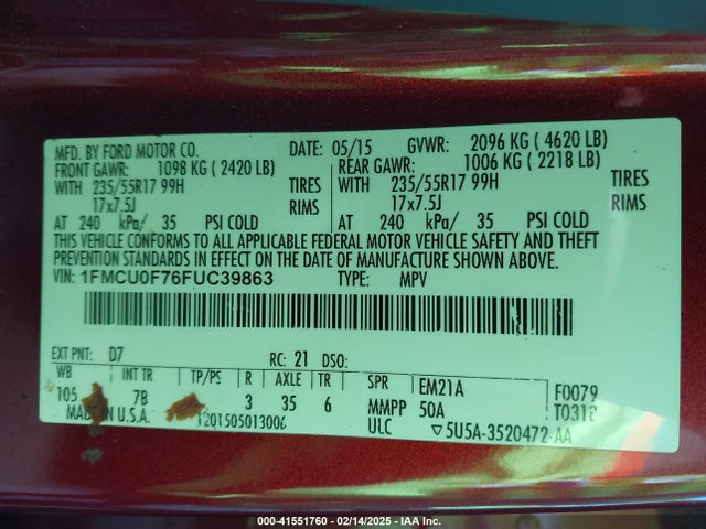 Ford ESCAPE S 2015 1FMCU0F76FUC39863 Image 9