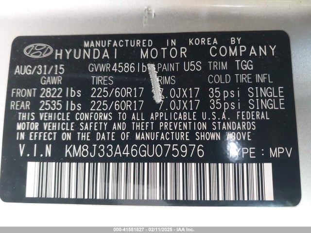 KM8J33A46GU075976 Hyundai TUCSON SE