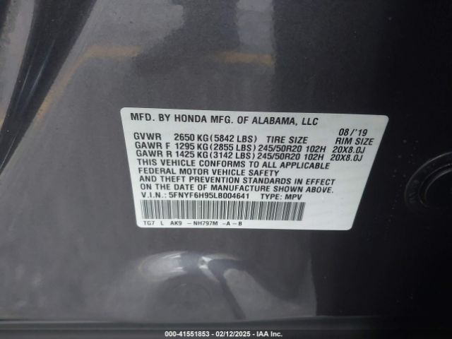 5FNYF6H95LB004641 Honda Pilot Awd Touring 8 Passenger