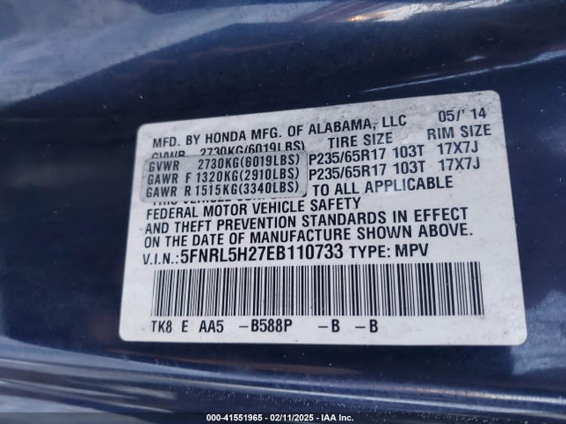 5FNRL5H27EB110733 Honda ODYSSEY LX