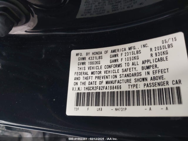 1HGCR2F82FA198466 Honda Accord Ex-l