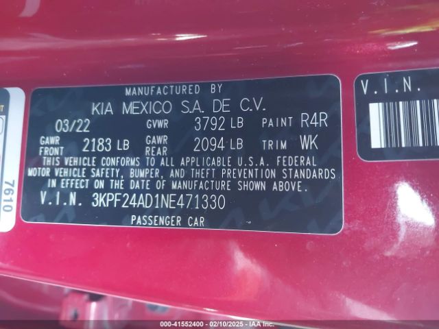 3KPF24AD1NE471330 KIA Forte Lxs