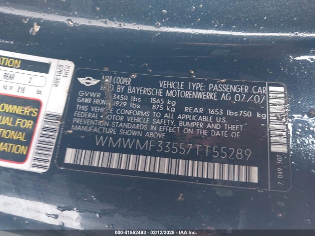 2007 MINI COOPER WMWMF33557TT55289 Photo 8