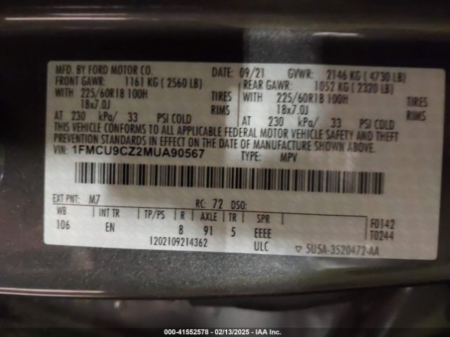 1FMCU9CZ2MUA90567 Ford Escape Sel Hybrid