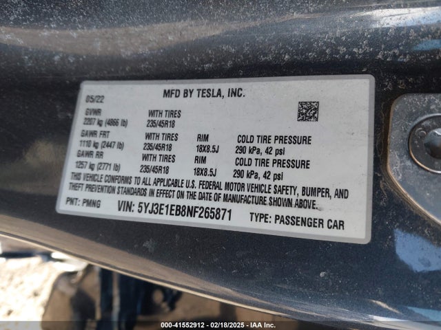 2022 TESLA MODEL 3 5YJ3E1EB8NF265871 Photo 8