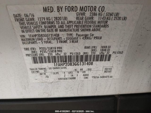 1FAHP2D83GG131408 Ford TAURUS SE