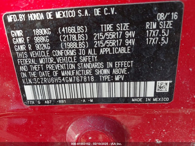 Honda HR-V EX 2016 3CZRU6H54GM767818 Image 9