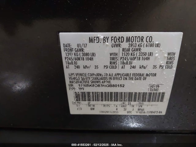 1FM5K8D83HGB80152 Ford EXPLORER XLT