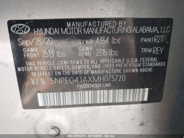 2021 HYUNDAI SONATA 5NPEG4JAXMH075720 Photo 8
