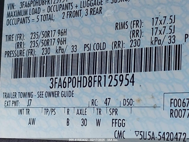 Ford FUSION SE 2015 3FA6P0HD8FR125954 Image 9