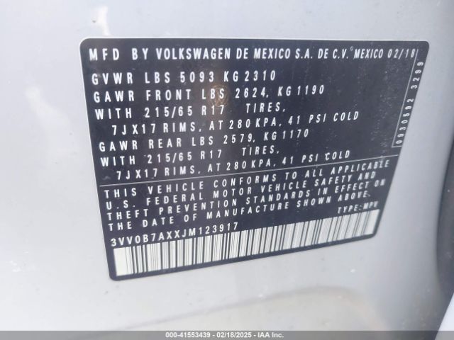 3VV0B7AXXJM123917 Volkswagen Tiguan 2.0t S