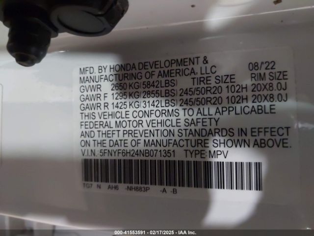 5FNYF6H24NB071351 Honda Pilot Awd Special Edition