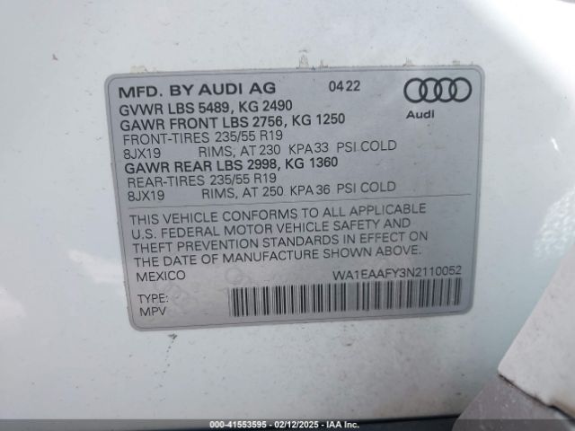 WA1EAAFY3N2110052 Audi Q5 Premium Plus 45 Tfsi S Line Quattro S Tronic