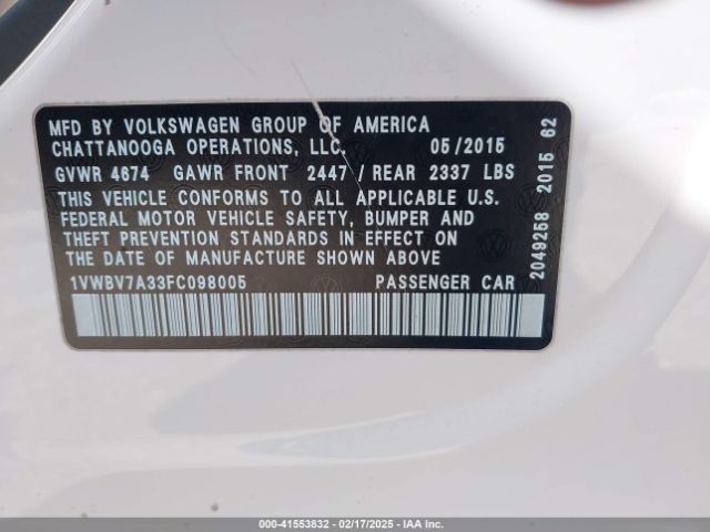 1VWBV7A33FC098005 Volkswagen Passat 2.0l Tdi Se