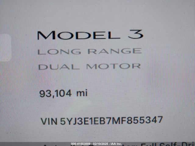 5YJ3E1EB7MF855347 Tesla Model 3 Long Range Dual Motor All-wheel Drive