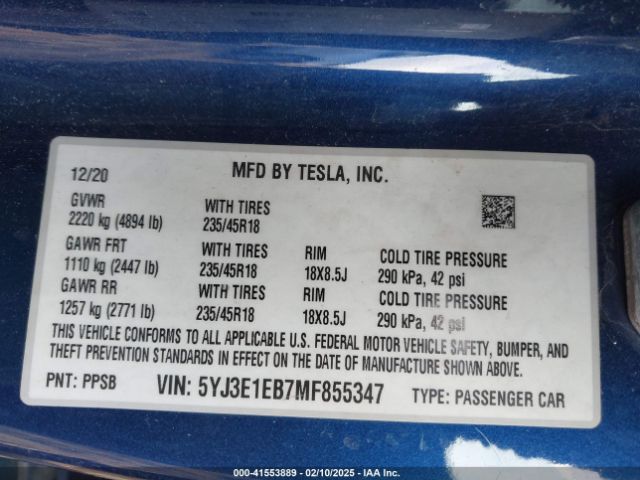 5YJ3E1EB7MF855347 Tesla Model 3 Long Range Dual Motor All-wheel Drive