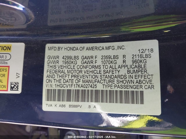 1HGCV1F17KA027425 Honda ACCORD LX