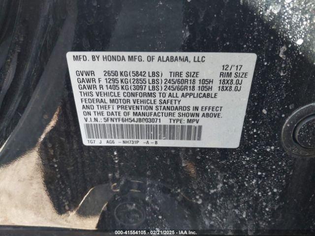 5FNYF6H54JB003071 Honda Pilot Ex-l