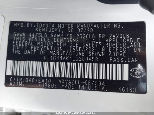 4T1G11AK1LU380458 Toyota CAMRY SE