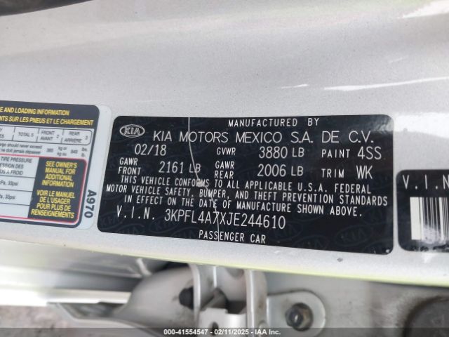 3KPFL4A7XJE244610 KIA FORTE LX