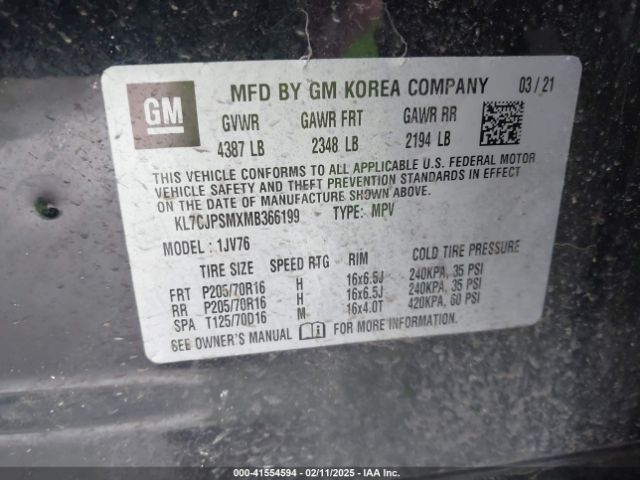 KL7CJPSMXMB366199 Chevrolet Trax Awd Lt