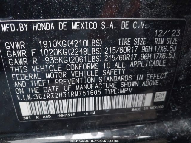 3CZRZ2H31RM751605 Honda Hr-v Awd Lx