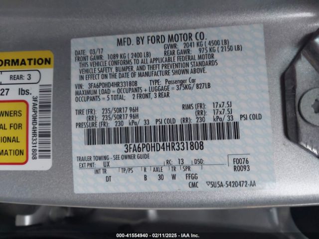 3FA6P0HD4HR331808 Ford FUSION SE