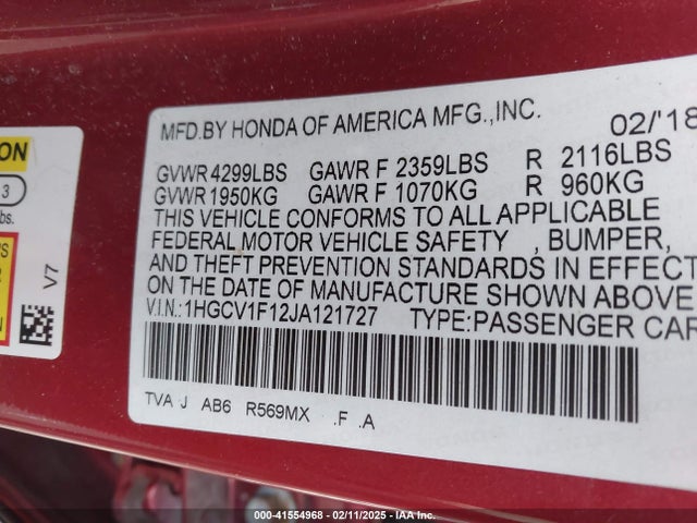 Продажа на аукционе авто 2018 Honda Accord Lx, vin: 1HGCV1F12JA121727, номер лота: 41554968